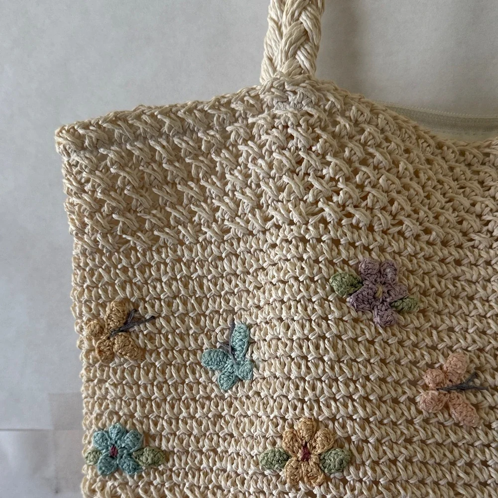 Woven Cream Crochet Shoulder Tote Bag Pastel Floral Embroidered Cottagecore - Picture 4 of 12
